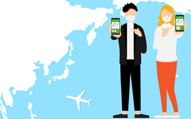 海外旅行のためにワクチンパスポートを勧める男女、日本人男性と白人女性