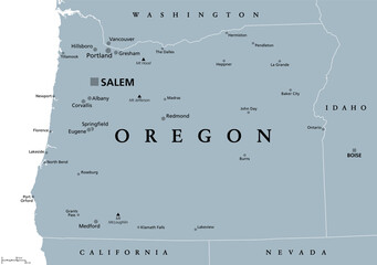 Oregon, OR, gray political map, with the capital Salem and borders. State in the Pacific Northwest region of the Western United States of America, nicknamed The Beaver State. Illustration. Vector.