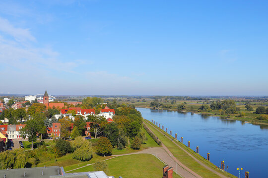 View from the Chapter Tower of Tangermünde to Tanger river, the town and the Elbbridge, Saxony Anhalt - Germany