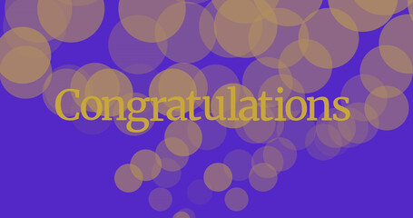 Image of floating golden dots and congratulations on blue background