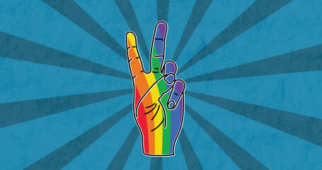 Image of rainbow victory symbol over blue background