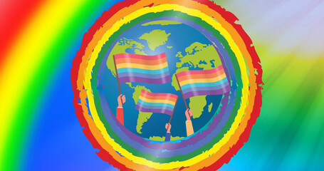Image of rainbow flags over globe on rainbow background