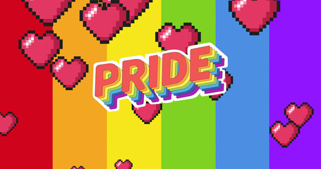 Image of pride and hearts floating over rainbow background