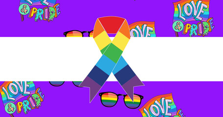 Image of rainbow ribbon over purple background with love and pride texts