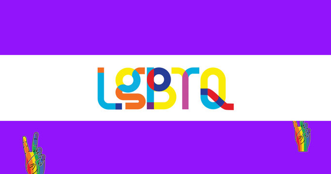 Image of lgbtq over purple background with rainbow hands