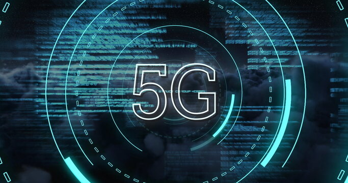 5G written in the middle of a futuristic circles and program codes 4k
