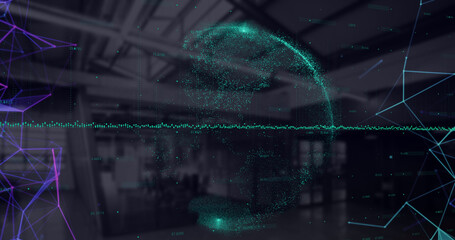 Image of network of connections and globe over office