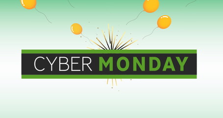 Image of words cyber sale in green and white with orange balloons on green