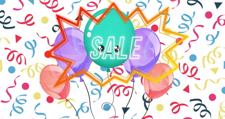 Fototapeta premium Image of word sale in white with colourful balloons and streamers on white