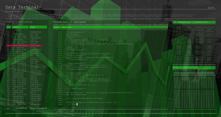 Multiple graphs moving over data processing against tall buildings in background