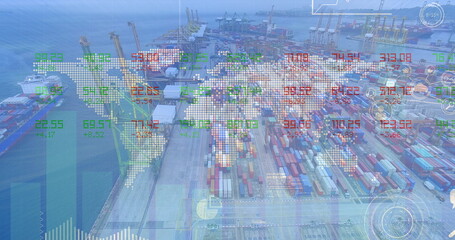 Stock market data processing over world map against aerial view of port