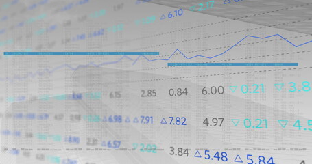 Digital image of stock market data processing against data processing on white background