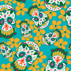 Colorful Seamless Pattern with Traditional Mexican Hand Drawn Skull.