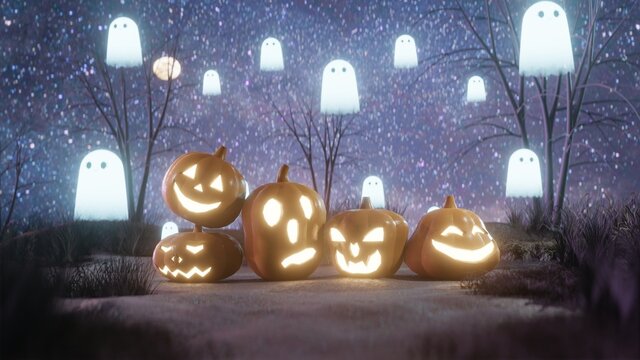 The Spooky Night 3D render Halloween Scene Moonlight Ghosts