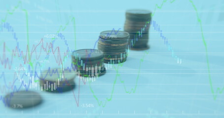 Digital composite image of financial data processing against stack of coins