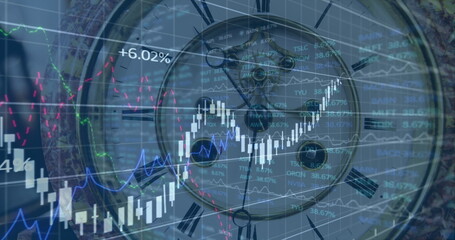 Digital composite image of financial data processing against close up of clock