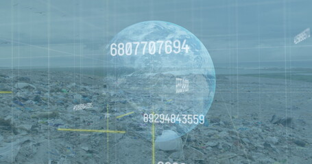 Digital composite image of multiple changing numbers over globe against landfill