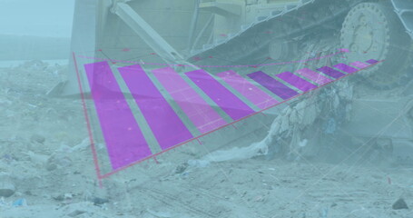 Digital composite image of statistical data processing against bulldozer working on landfill