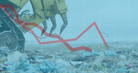 Red graph moving over grid network against bulldozer working on landfill with birds in the sky