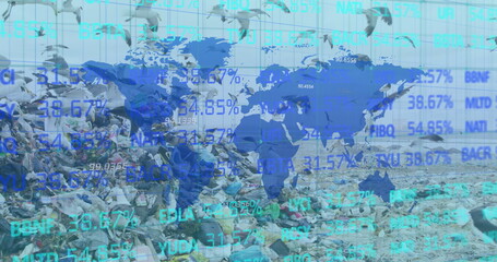 Stock market data processing over world map against landfill with birds flying in the sky