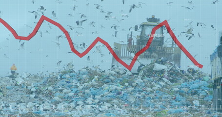 Obraz premium Red graph moving over grid network against bulldozer working on landfill with birds in the sky