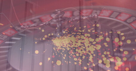 Digital composite image of financial data processing against roulette wheel spinning