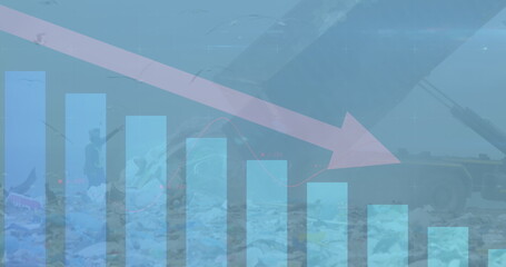 Digital composite image of arrow over statistical data processing against landfill