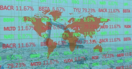 Image of financial data processing with a world map over a garbage dump