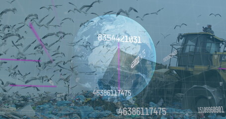 Image of financial data processing with a globe over a garbage dump