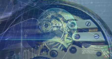 Image of financial data processing with globe spinning over machine parts