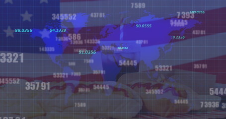 Image of numbers changing over world map and american flag
