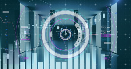 Digital image of statistical data processing over round scanner against empty server room