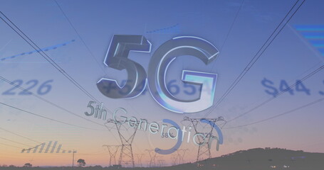 Digital composite image of 5g text against financial data processing over radio towers on the road