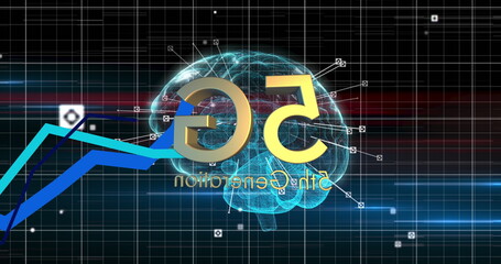 Blue graphs moving over 5g text against human brain spinning on black background