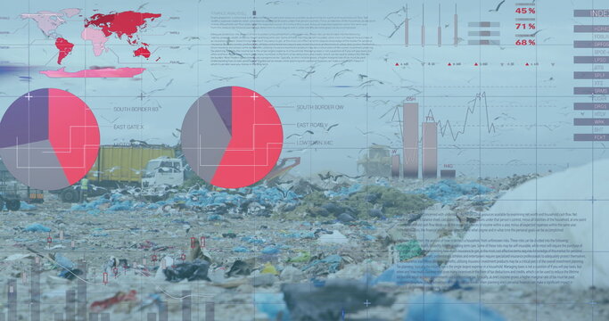 Financial data processing against landfill with bird flying in the sky - Powered by Adobe
