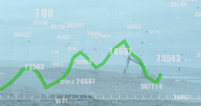 Multiple changing numbers floating over green graph moving against bulldozer working on landfill - Powered by Adobe