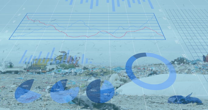 Digital composite image of statistical data processing against landfill with birds flying in the sky - Powered by Adobe
