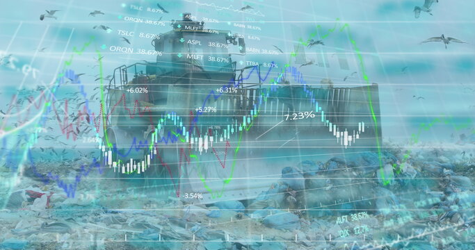 Financial data processing against bulldozer working on landfill with birds in the sky - Powered by Adobe