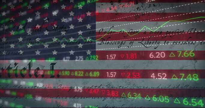 Image of financial data processing over american flag - Powered by Adobe