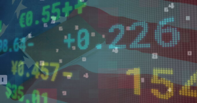 Image of financial data processing over american flag