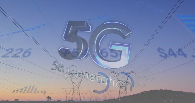 Digital composite image of 5g text against financial data processing over radio towers on the road - Powered by Adobe