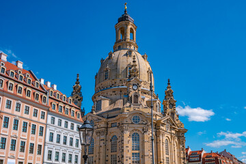 Church of Our Lady at Neumarkt square in downtown of Dresden in summer sunny day with blue sky, Germany, details, closeup. - obrazy, fototapety, plakaty
