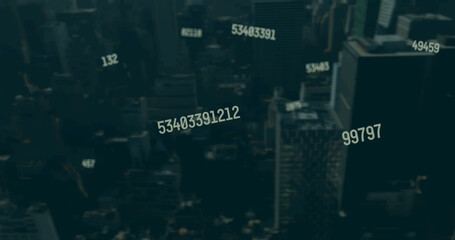 Image of falling numbers over cityscape