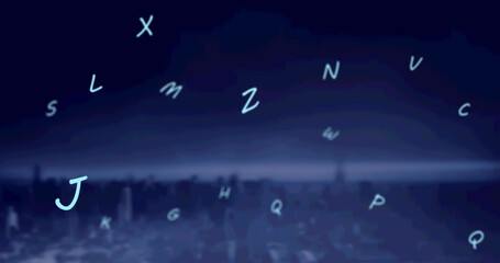 Image of falling letters over cityscape