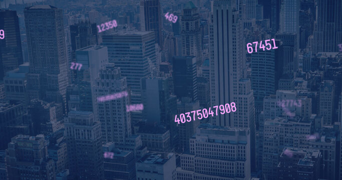 Image of falling numbers over cityscape