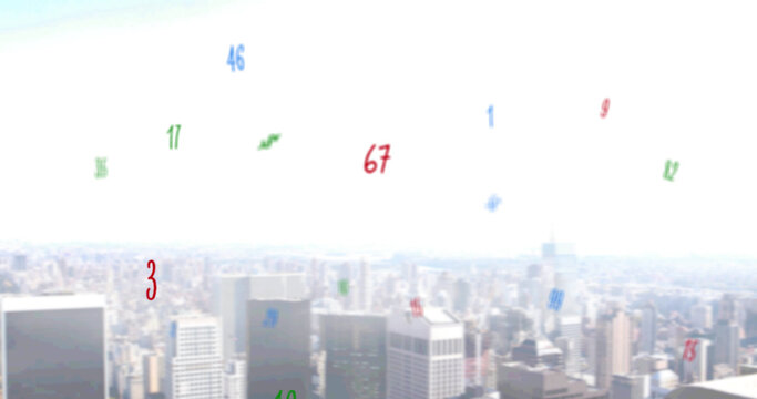 Image of falling numbers over cityscape