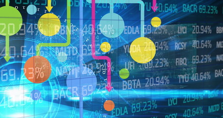 Image of financial data processing and network of connections over scopes scanning