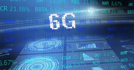 Image of 6g text and interface with statistics and financial information on blue background