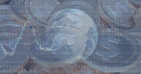 Image of financial data processing with binary coding over american dollar coins