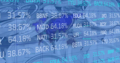Image of financial data processing over euro currency coins